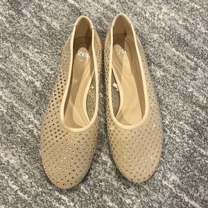 NWOT Zara Beige Mesh Sheer Rhinestone Round Toe Ballet Flats Size 38